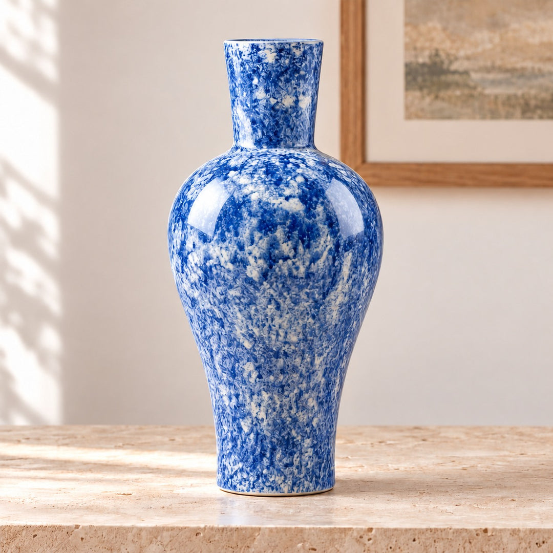 Hand-Painted Porcelain Vase Blue Marbled Decorative Accent 38 cm Unique Artisan Design