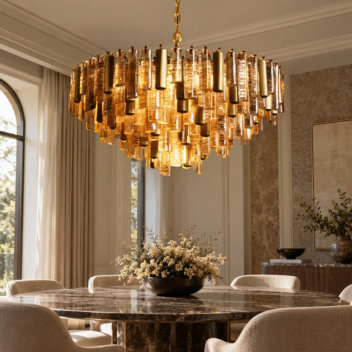 Modern Round Chandelier Hanging Light Fixture in Metal and Glass with 13 E12 Sockets