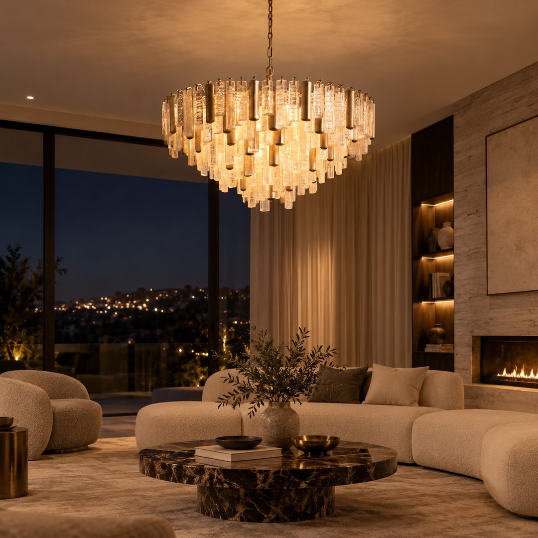 Modern Round Chandelier Hanging Light Fixture in Metal and Glass with 13 E12 Sockets
