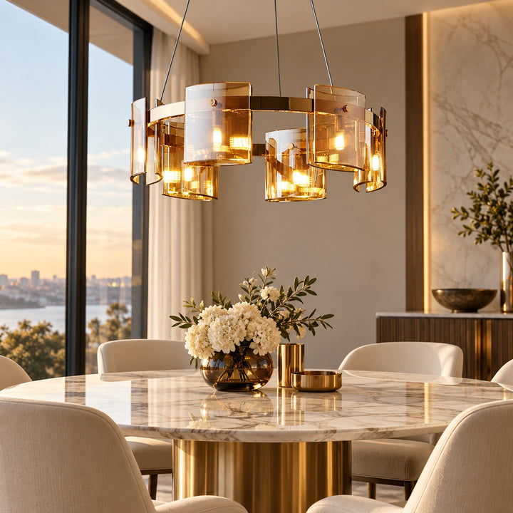 Modern Chandelier Ceiling Light Adjustable Height Metal and Glass LED Indoor Fixture