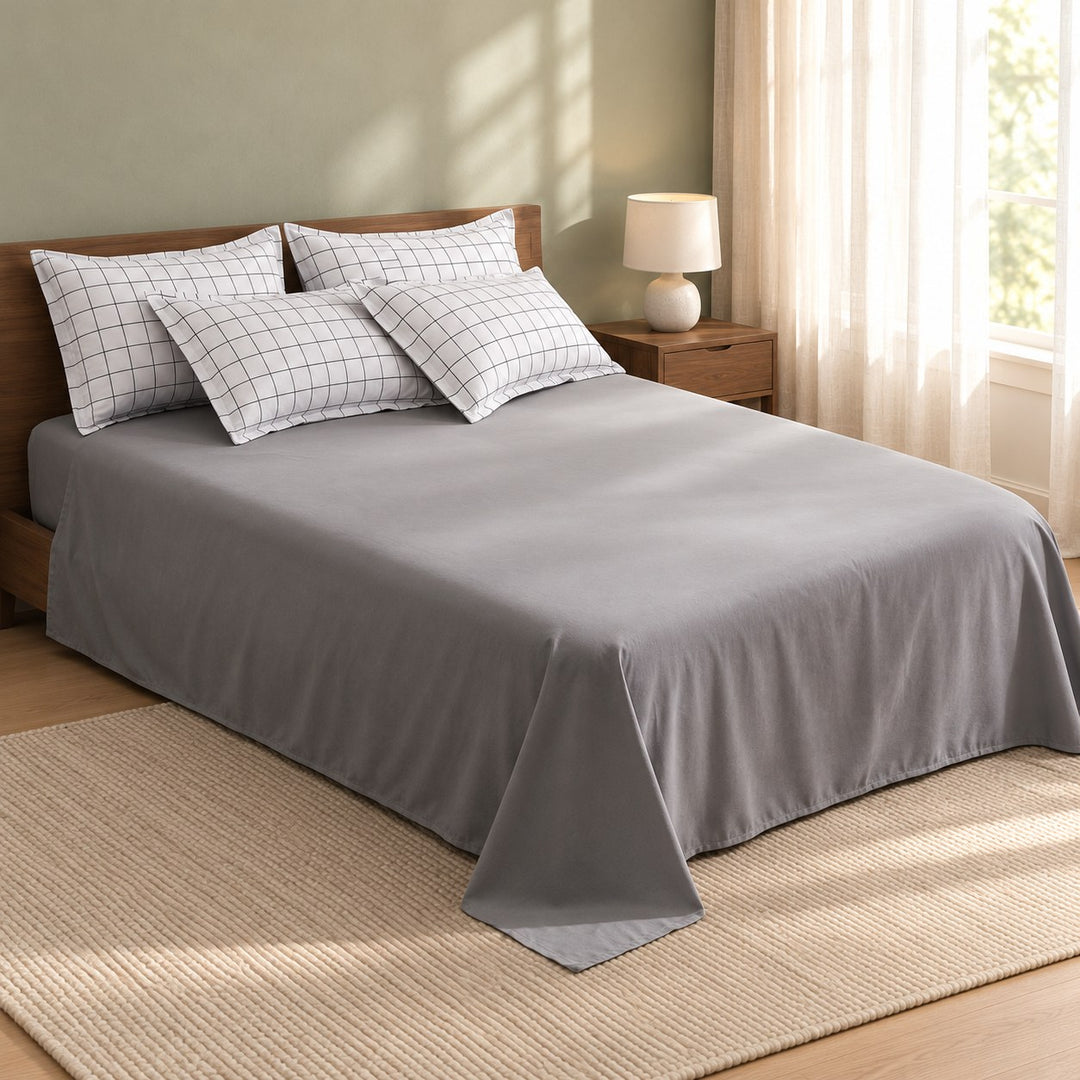 Modern Plain Grid Bedding Set Duvet Cover Flat Sheet Pillow Cases Polyester Fabric