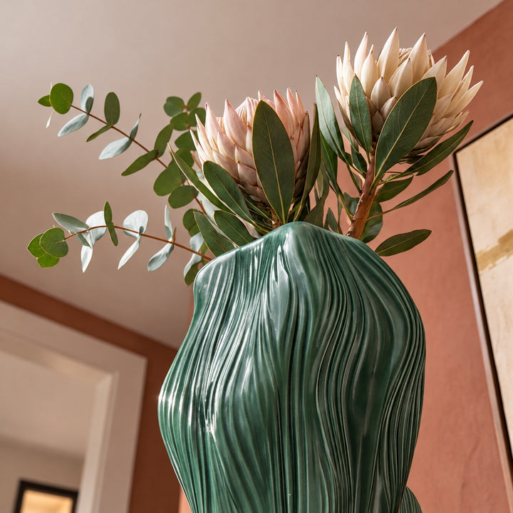Frosted Green Ribbed Decorative Glass Vase 30 cm for Stylish Home Decor