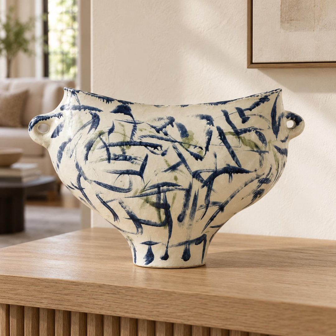 Modern Abstract Ceramic Vase Hand-Painted White with Indigo and Moss-Green for Floral Arrangements