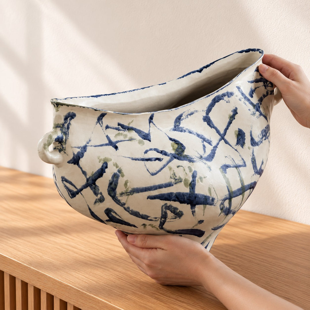 Modern Abstract Ceramic Vase Hand-Painted White with Indigo and Moss-Green for Floral Arrangements