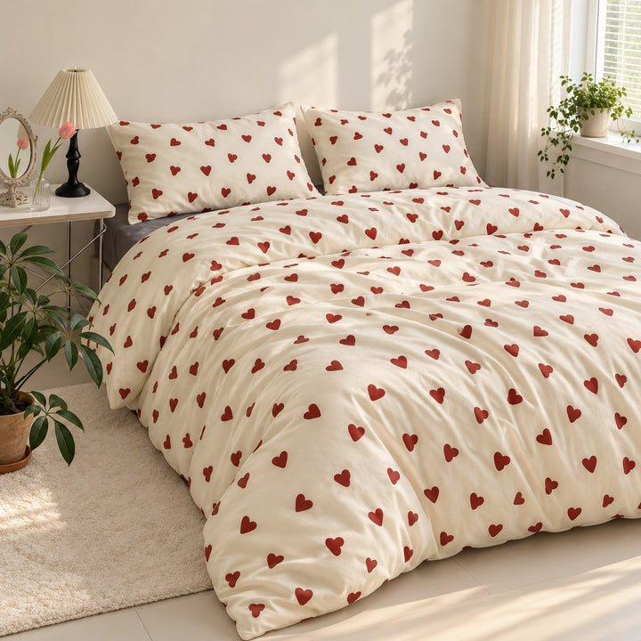 Vintage Aesthetic Bedding Set with Red Hearts Print Duvet Cover and Flat Sheet Polyester Material