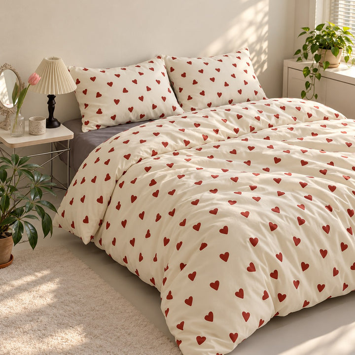 Vintage Aesthetic Bedding Set with Red Hearts Print Duvet Cover and Flat Sheet Polyester Material