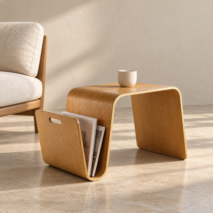Modern Minimalist Side Table Solid Pine Wood N-Shape Design with Open Shelf for Small Spaces