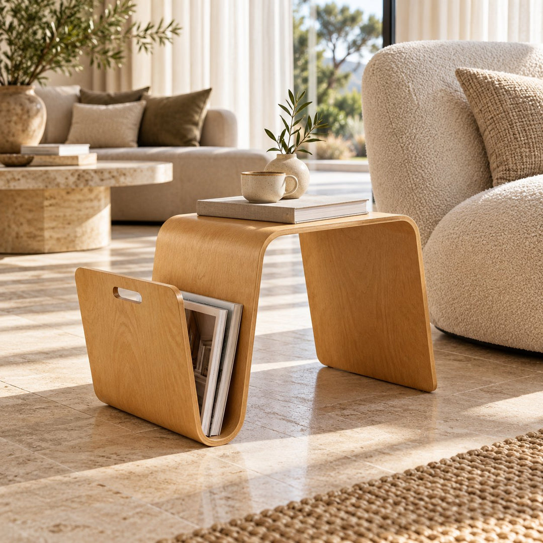 Modern Minimalist Side Table Solid Pine Wood N-Shape Design with Open Shelf for Small Spaces
