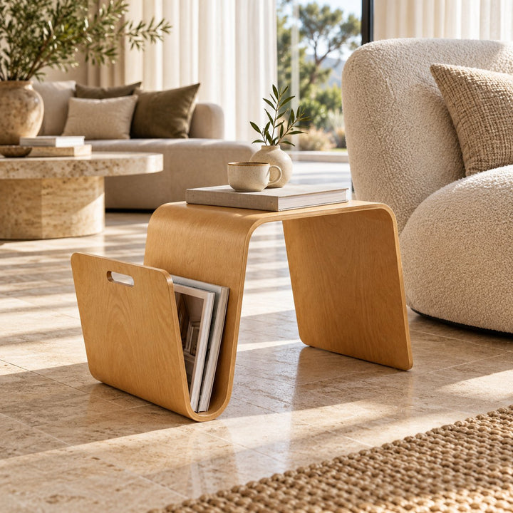 Modern Minimalist Side Table Solid Pine Wood N-Shape Design with Open Shelf for Small Spaces