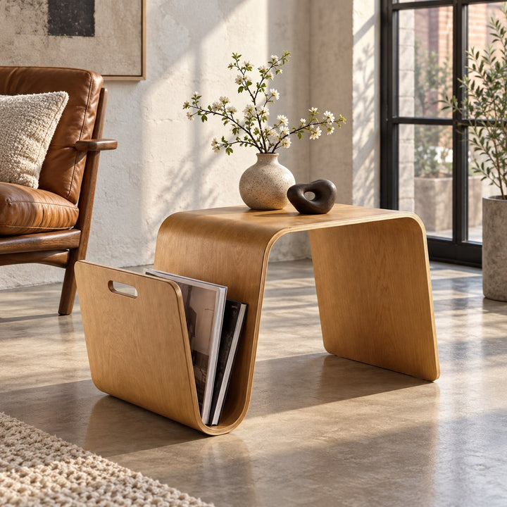 Modern Minimalist Side Table Solid Pine Wood N-Shape Design with Open Shelf for Small Spaces