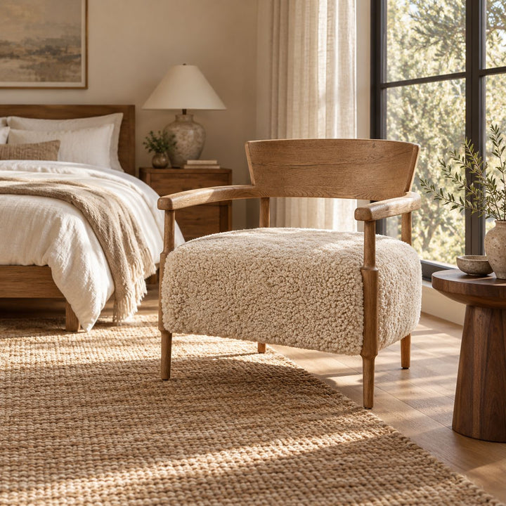 Modern Accent Chair Solid Oak Frame Thick Cushioned Seat Natural Shearling Upholstery
