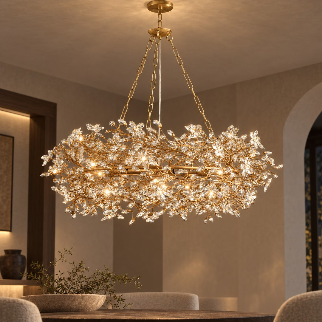 Modern Crystal Chandelier Adjustable Hanging Iron Fixture with Multiple Light Sockets