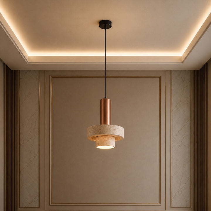 Modern Pendant Lamp Hanging Terrazzo and Metal Construction Adjustable Height for Indoor Use