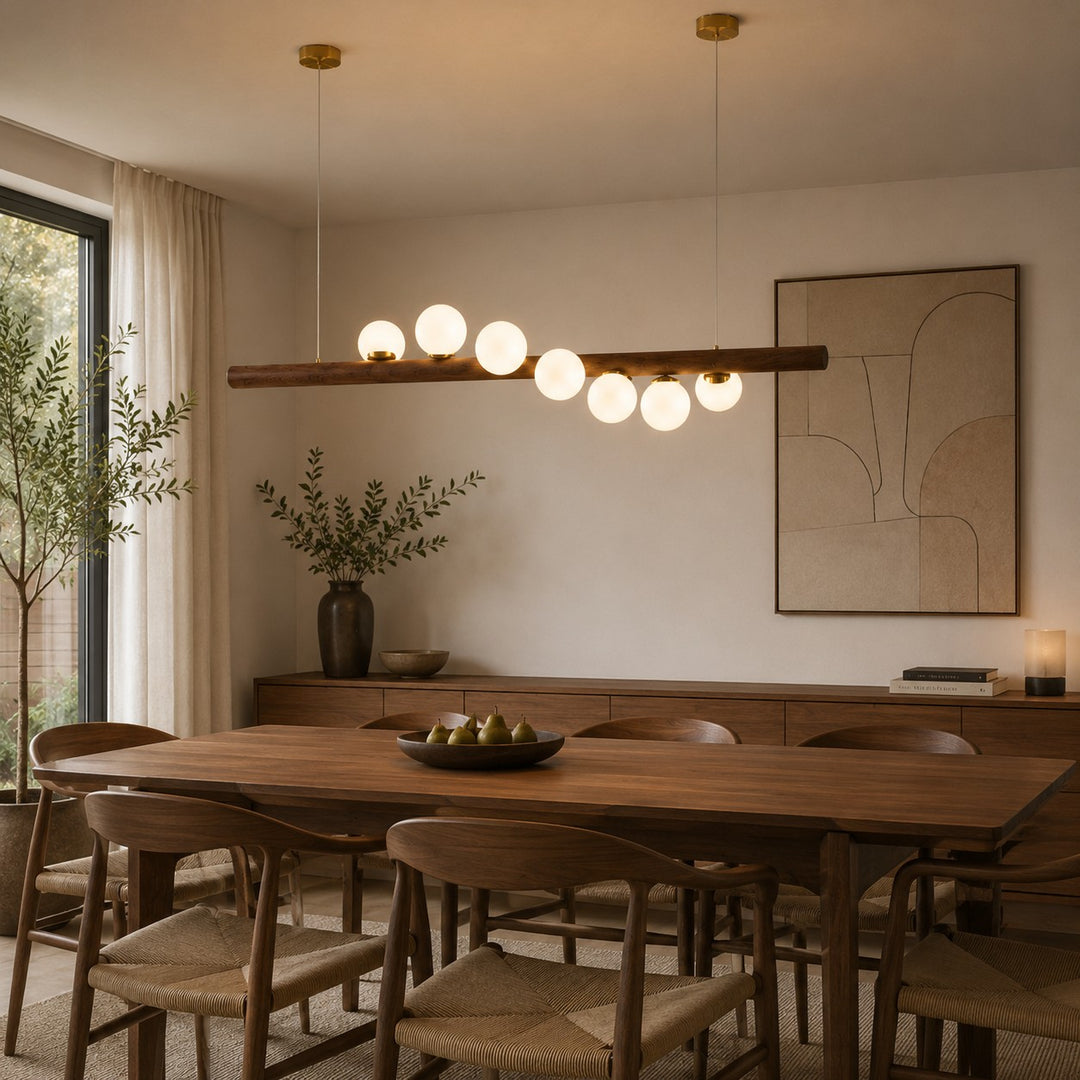 Scandinavian Pendant Lamp Hanging Opal Glass Globes with Walnut Wood Bar for Modern Interiors