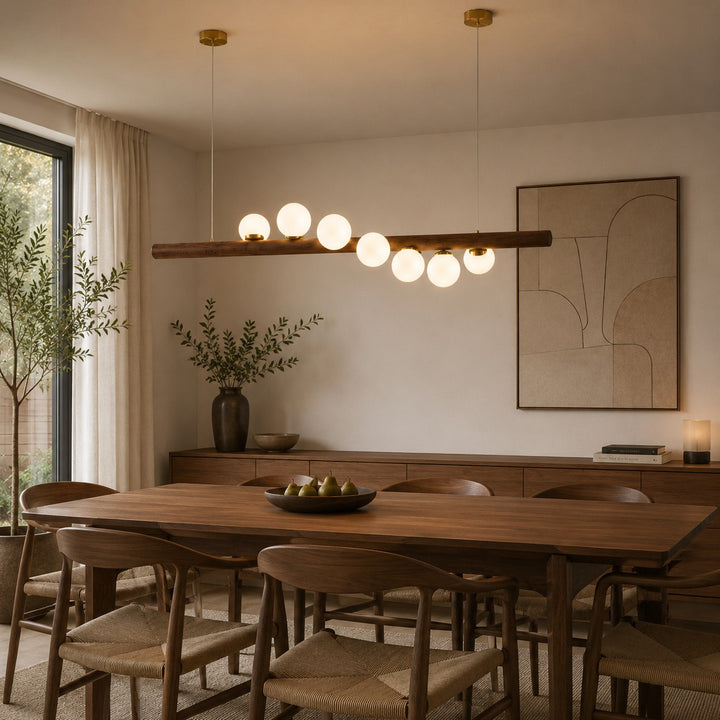 Scandinavian Pendant Lamp Hanging Opal Glass Globes with Walnut Wood Bar for Modern Interiors