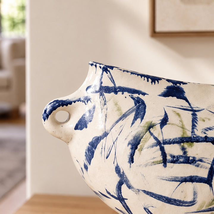 Modern Abstract Ceramic Vase Hand-Painted White with Indigo and Moss-Green for Floral Arrangements