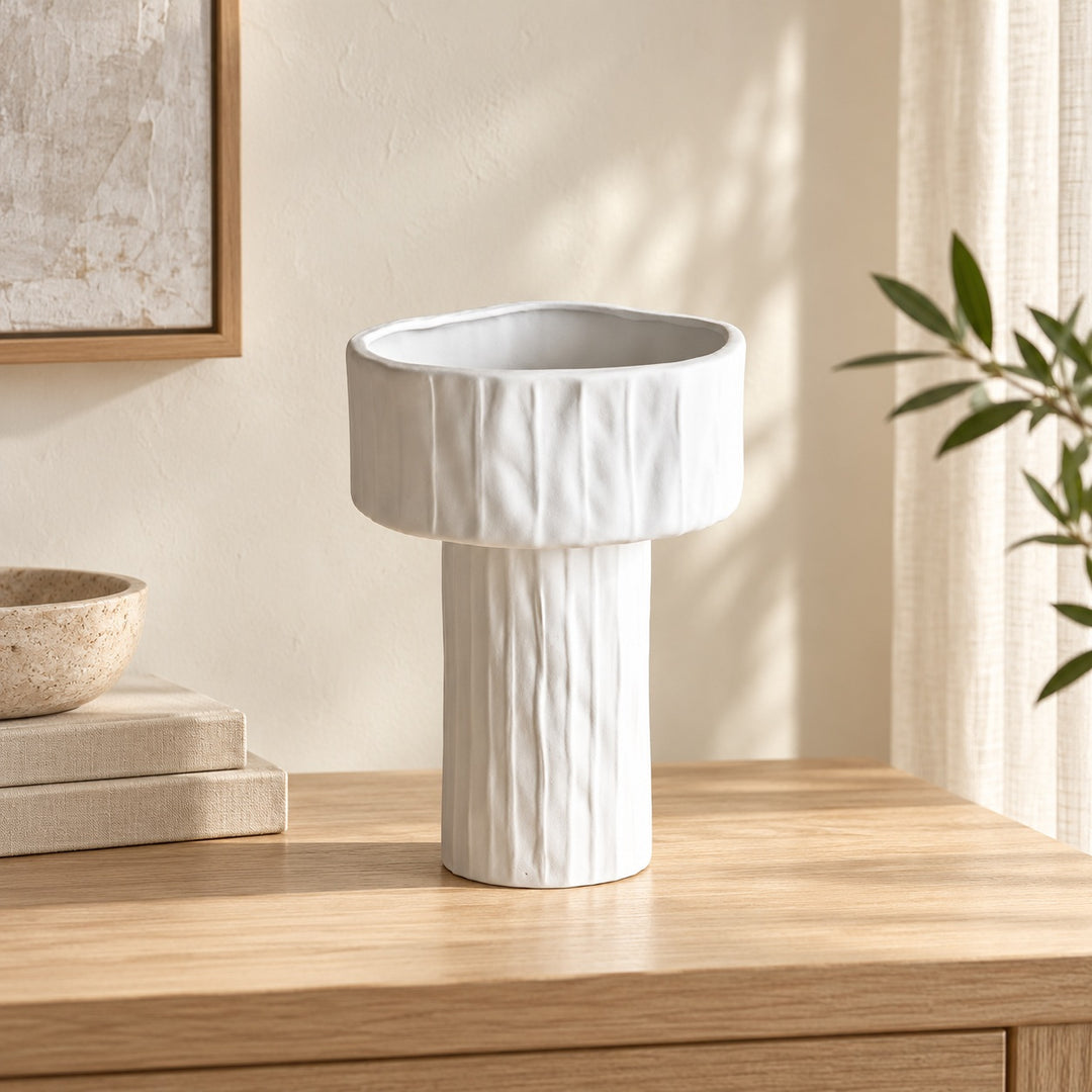 Modern Ceramic Vase Medium Pedestal Design Matte White Decorative for Dried Arrangements
