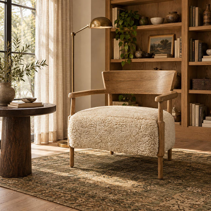 Modern Accent Chair Solid Oak Frame Thick Cushioned Seat Natural Shearling Upholstery