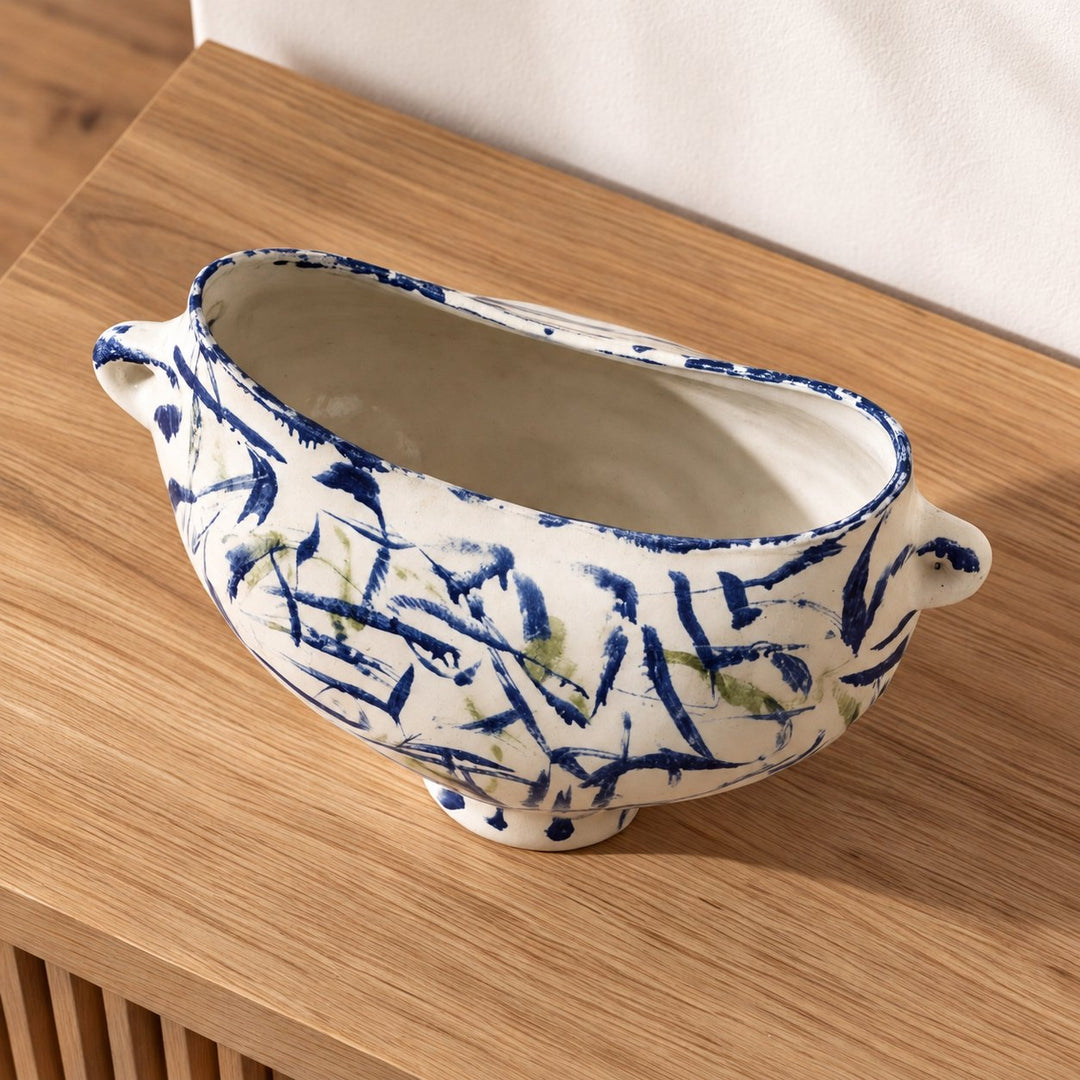 Modern Abstract Ceramic Vase Hand-Painted White with Indigo and Moss-Green for Floral Arrangements