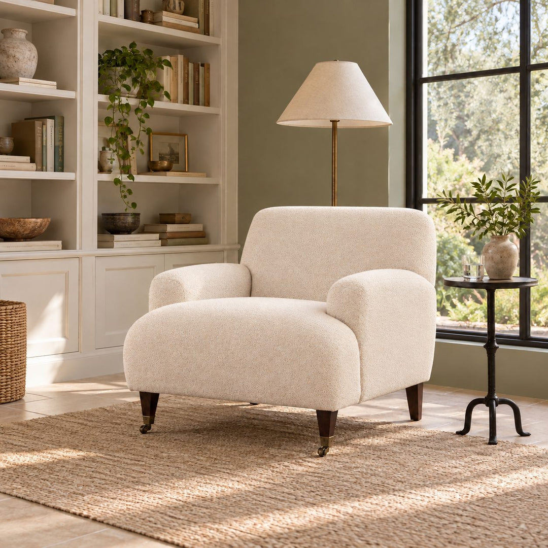 Modern Accent Chair with Upholstered Fabric and Brass Casters for Living Room Comfort