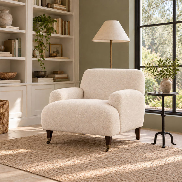 Modern Accent Chair with Upholstered Fabric and Brass Casters for Living Room Comfort
