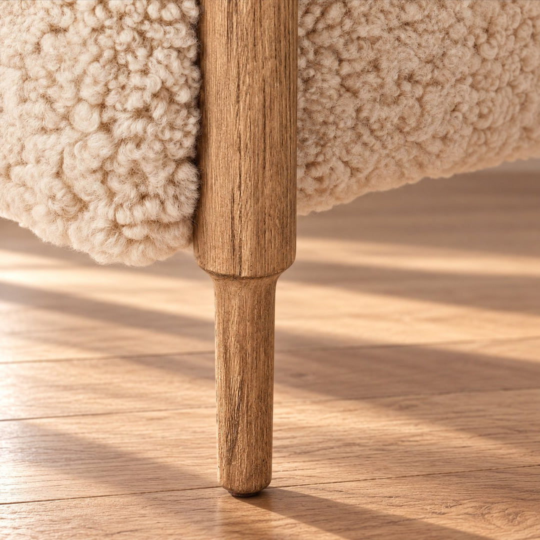 Modern Accent Chair Solid Oak Frame Thick Cushioned Seat Natural Shearling Upholstery