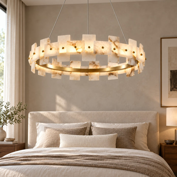 Modern Chandelier Hanging Light with Metal Frame and White Alabaster Panels Integrated LED
