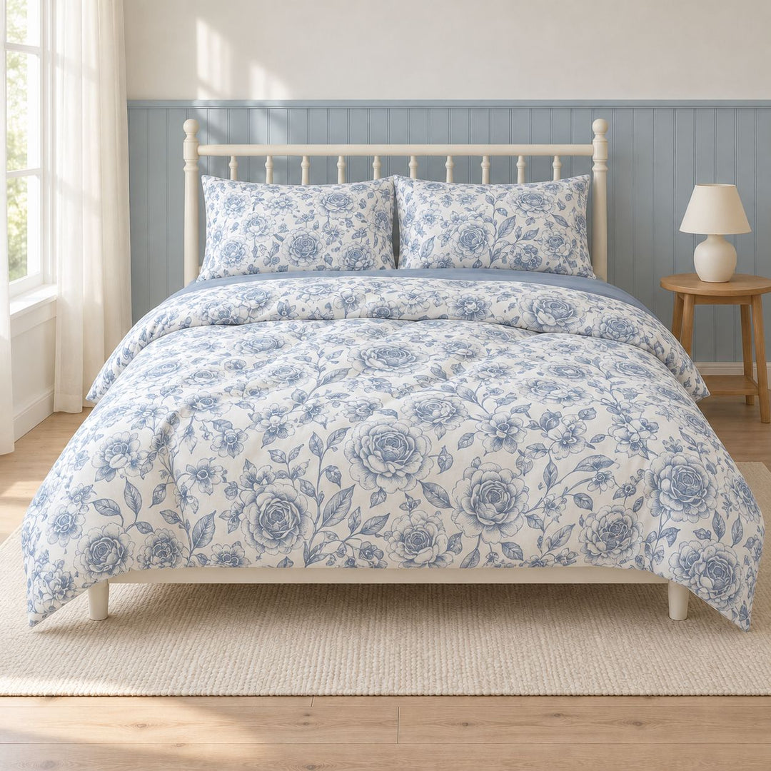 Vintage Floral Print Duvet Cover Set with Flat Sheet and Pillow Cases in Soft Polyester