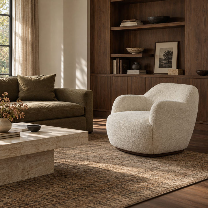 Modern Swivel Chair with Contoured Seat Upholstered Fabric for Comfortable Stylish Living Spaces