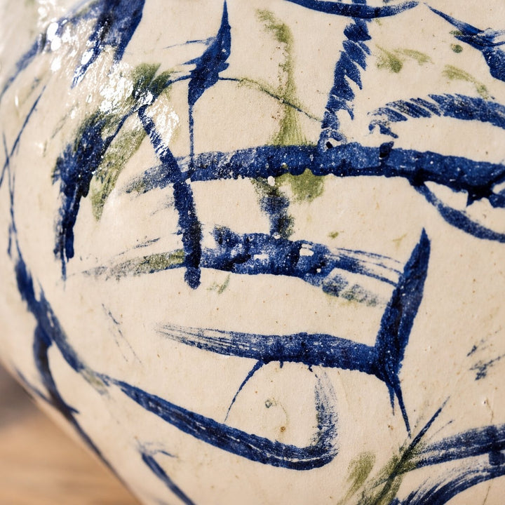 Modern Abstract Ceramic Vase Hand-Painted White with Indigo and Moss-Green for Floral Arrangements