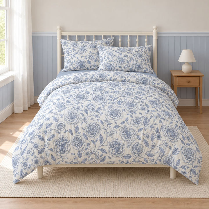 Vintage Floral Print Duvet Cover Set with Flat Sheet and Pillow Cases in Soft Polyester