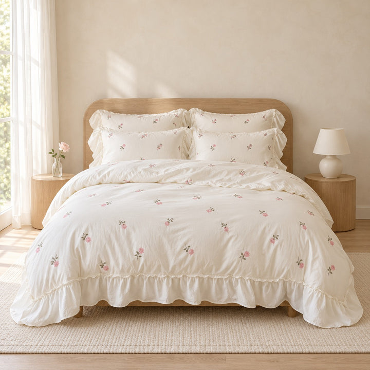 Floral Duvet Cover Set with Ruffled Pillowcases Soft Polyester for Coquette Bedroom Decor