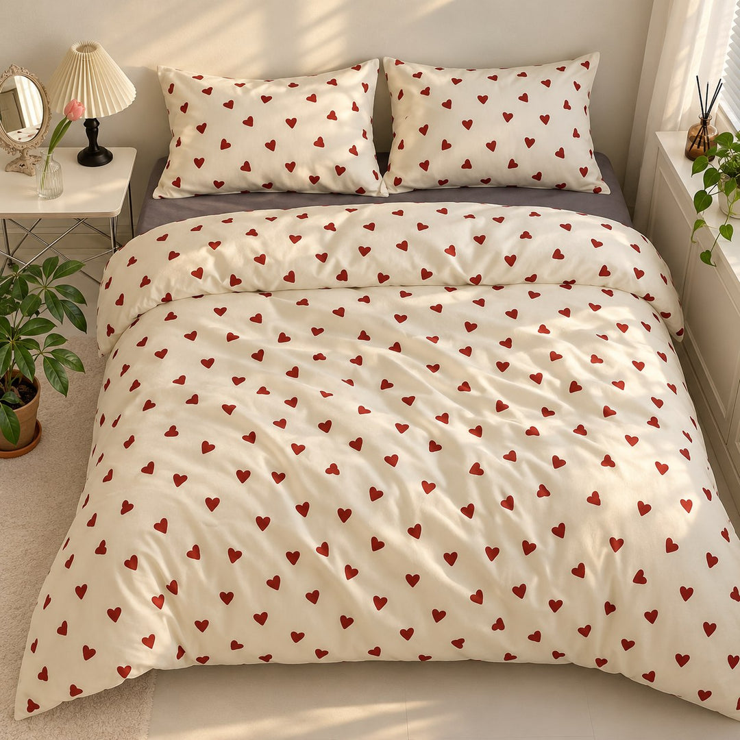 Vintage Aesthetic Bedding Set with Red Hearts Print Duvet Cover and Flat Sheet Polyester Material