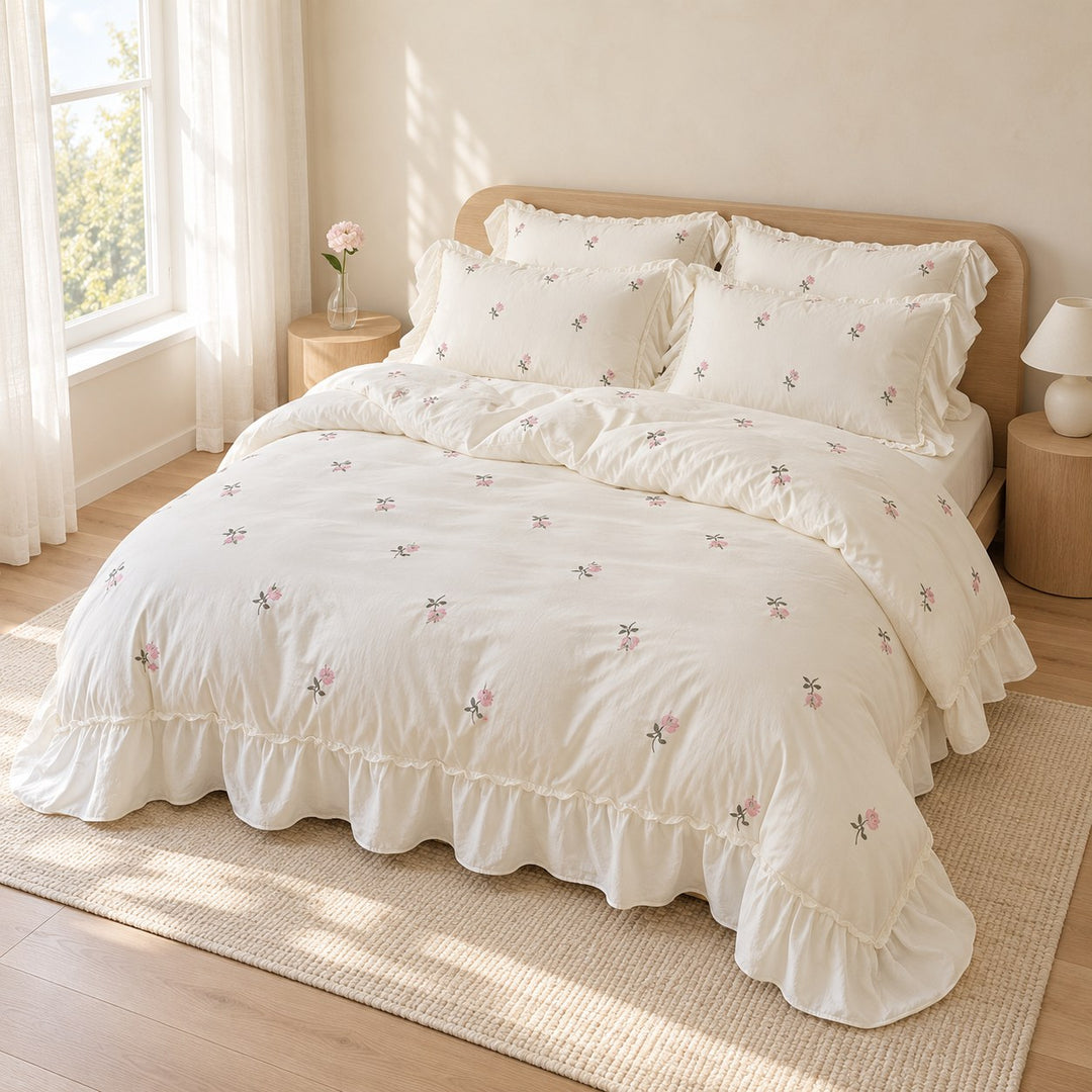 Floral Duvet Cover Set with Ruffled Pillowcases Soft Polyester for Coquette Bedroom Decor