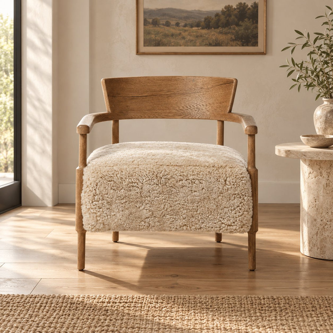 Modern Accent Chair Solid Oak Frame Thick Cushioned Seat Natural Shearling Upholstery