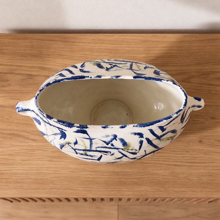Modern Abstract Ceramic Vase Hand-Painted White with Indigo and Moss-Green for Floral Arrangements