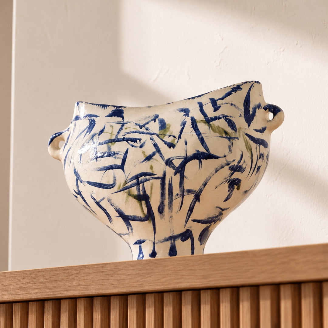 Modern Abstract Ceramic Vase Hand-Painted White with Indigo and Moss-Green for Floral Arrangements