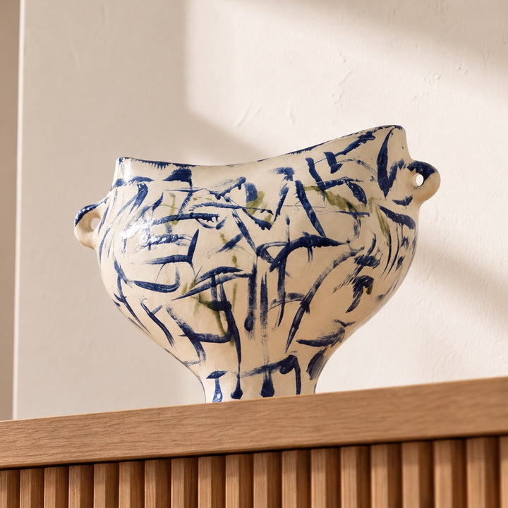 Modern Abstract Ceramic Vase Hand-Painted White with Indigo and Moss-Green for Floral Arrangements