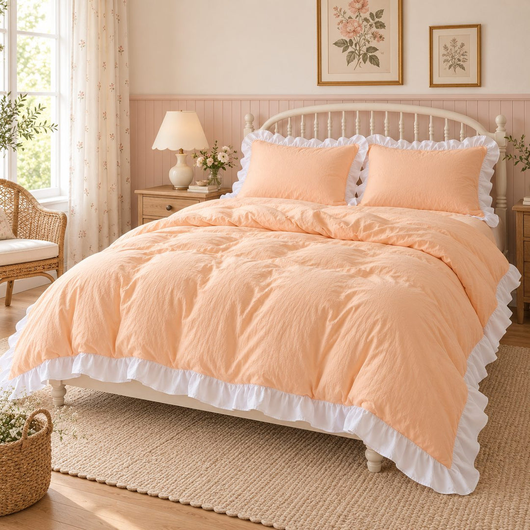 Modern Crumpled Ruffle Bedding Set Duvet Cover and Flat Sheet Polyester Soft Texture