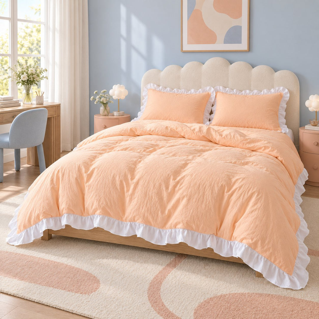 Modern Crumpled Ruffle Bedding Set Duvet Cover and Flat Sheet Polyester Soft Texture
