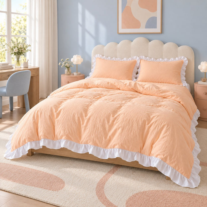 Modern Crumpled Ruffle Bedding Set Duvet Cover and Flat Sheet Polyester Soft Texture