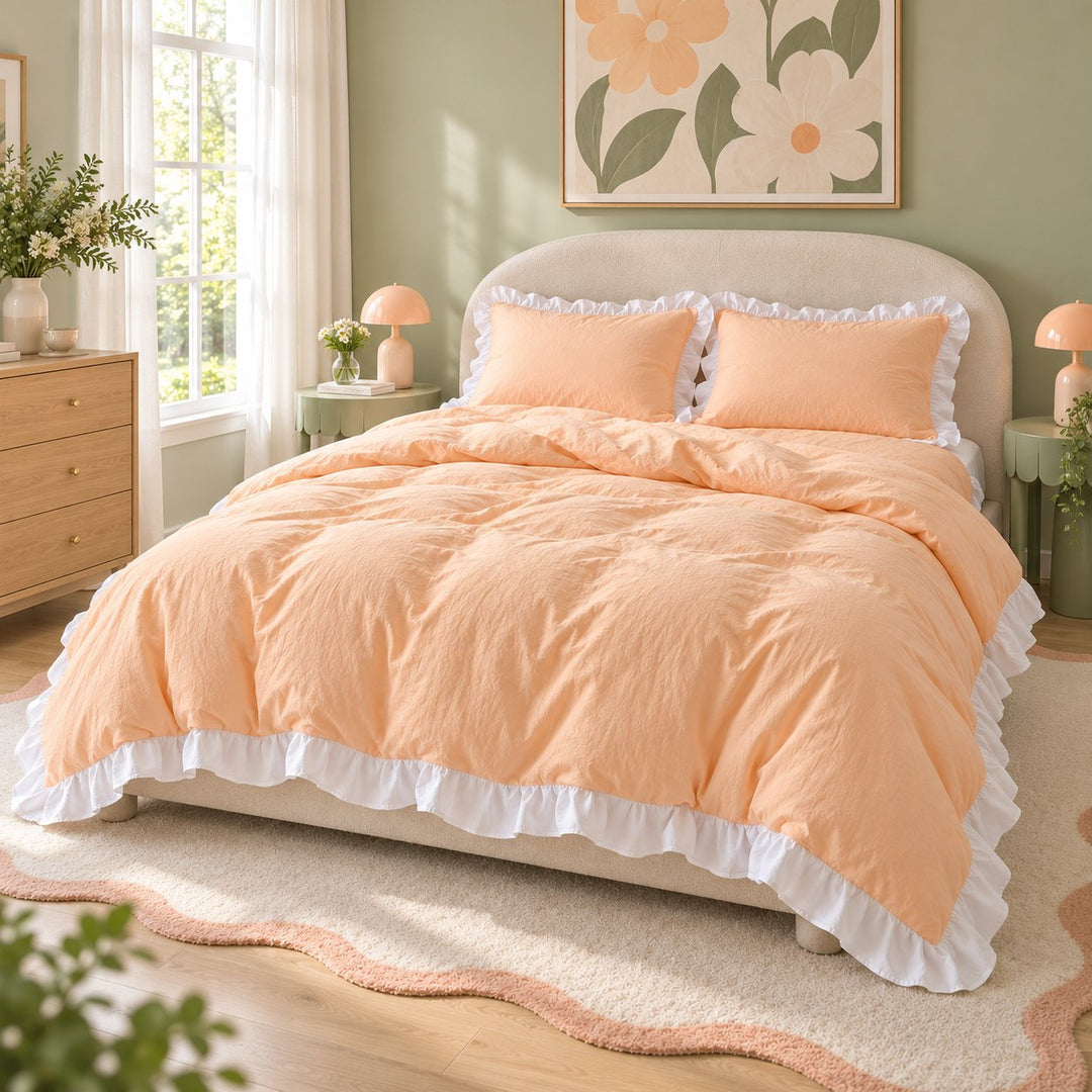 Modern Crumpled Ruffle Bedding Set Duvet Cover and Flat Sheet Polyester Soft Texture
