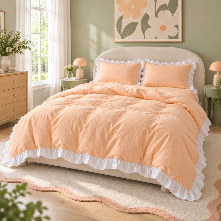 Modern Crumpled Ruffle Bedding Set Duvet Cover and Flat Sheet Polyester Soft Texture