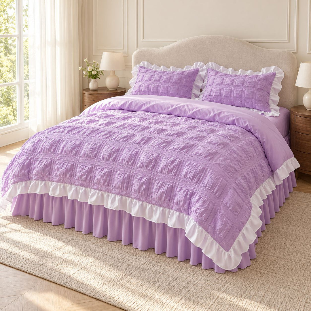 Kawaii Ruffle Bedding Set Soft Polyester Duvet Cover with Bed Skirt and Pillow Cases
