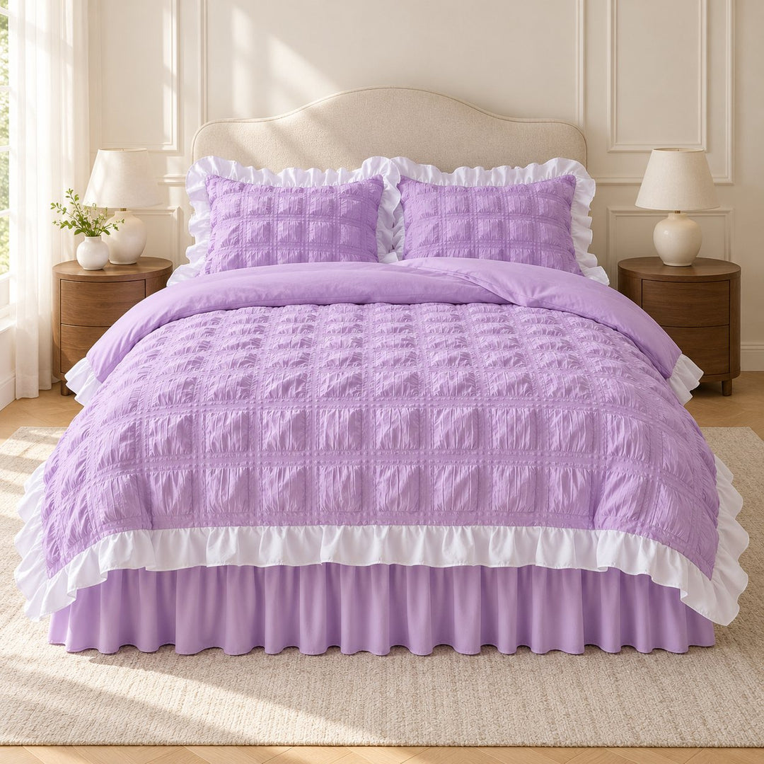Kawaii Ruffle Bedding Set Soft Polyester Duvet Cover with Bed Skirt and Pillow Cases