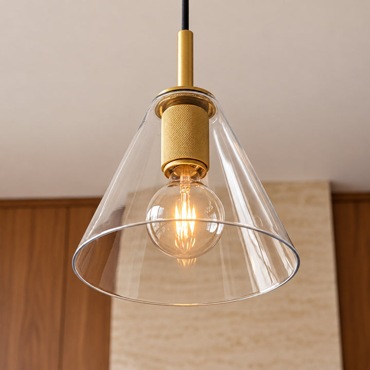 Modern Clear Glass Pendant Light with Natural Brass Finish – E27 Single Pendant