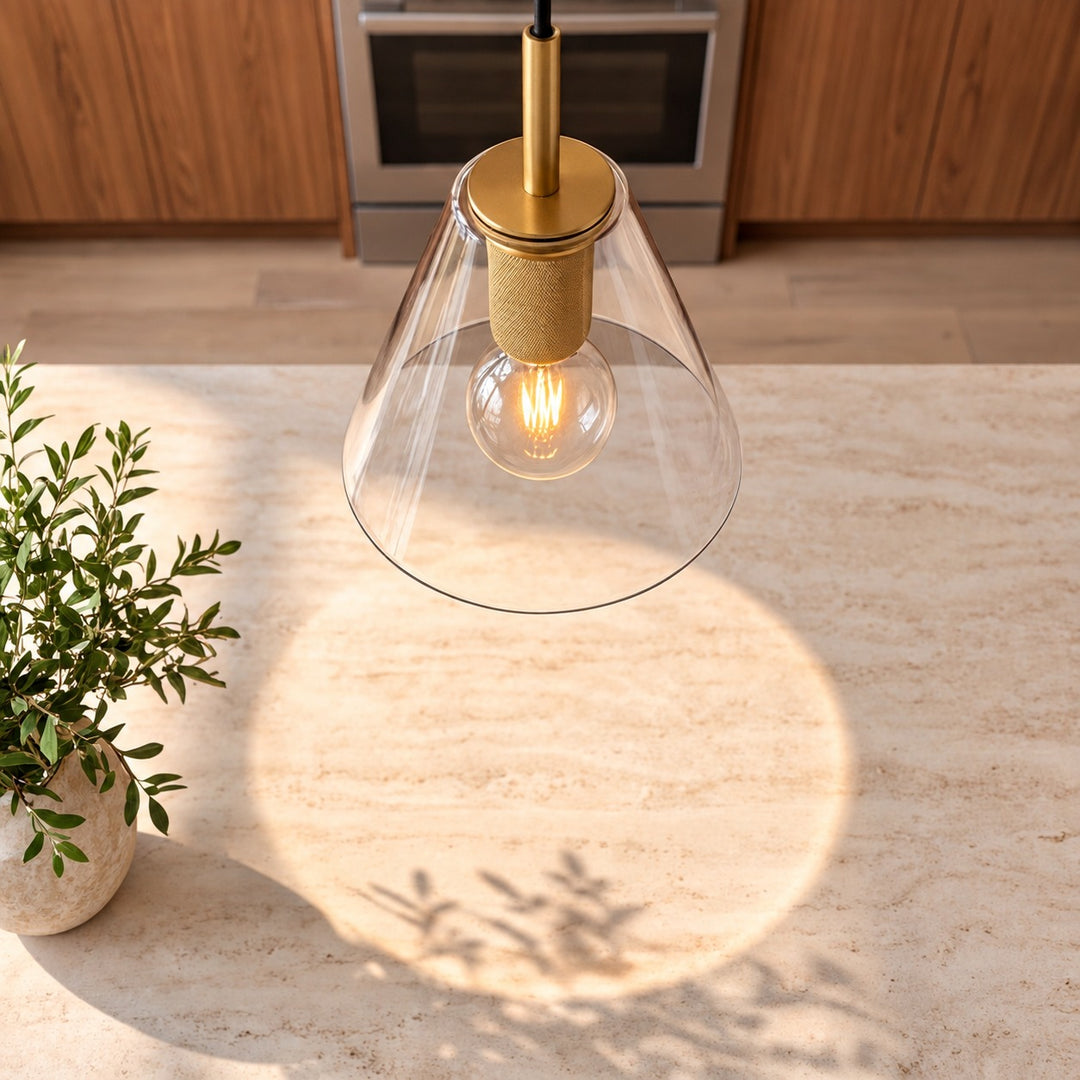 Modern Clear Glass Pendant Light with Natural Brass Finish – E27 Single Pendant