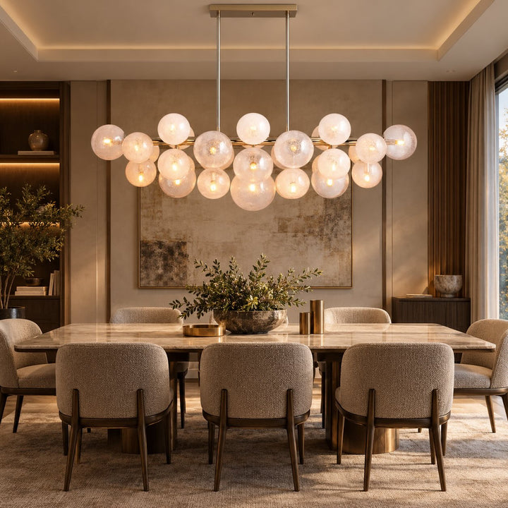 Modern Industrial Chandelier Light Adjustable Hanging Burnished Brass Steel with Hand-Blown Glass Globes