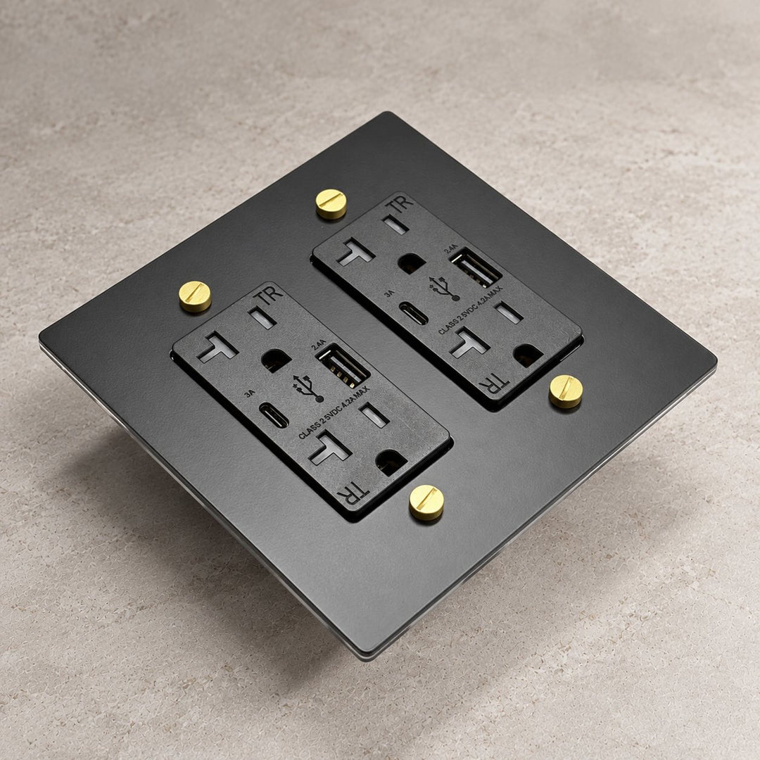 Solid Brass 20A Electrical Outlet with USB-A & USB-C – 1–4 Gang