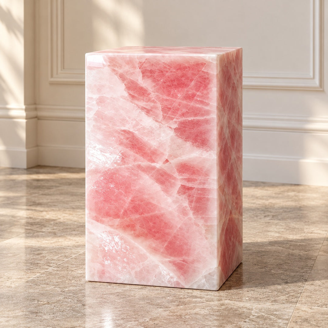 Modern Geometric Rose Quartz Marble Side Table Sculptural Accent for Living Room